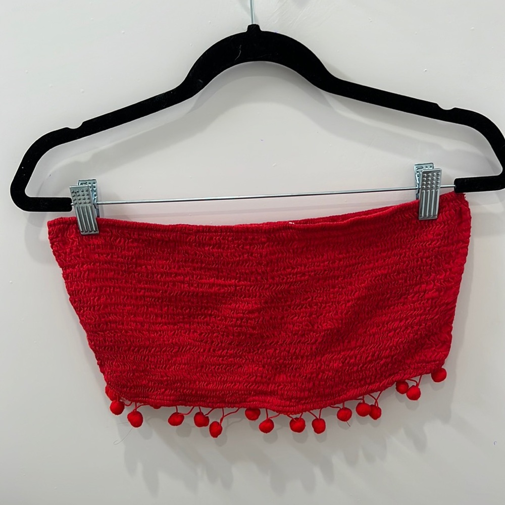Red Bandeaux Top with Pom Poms
